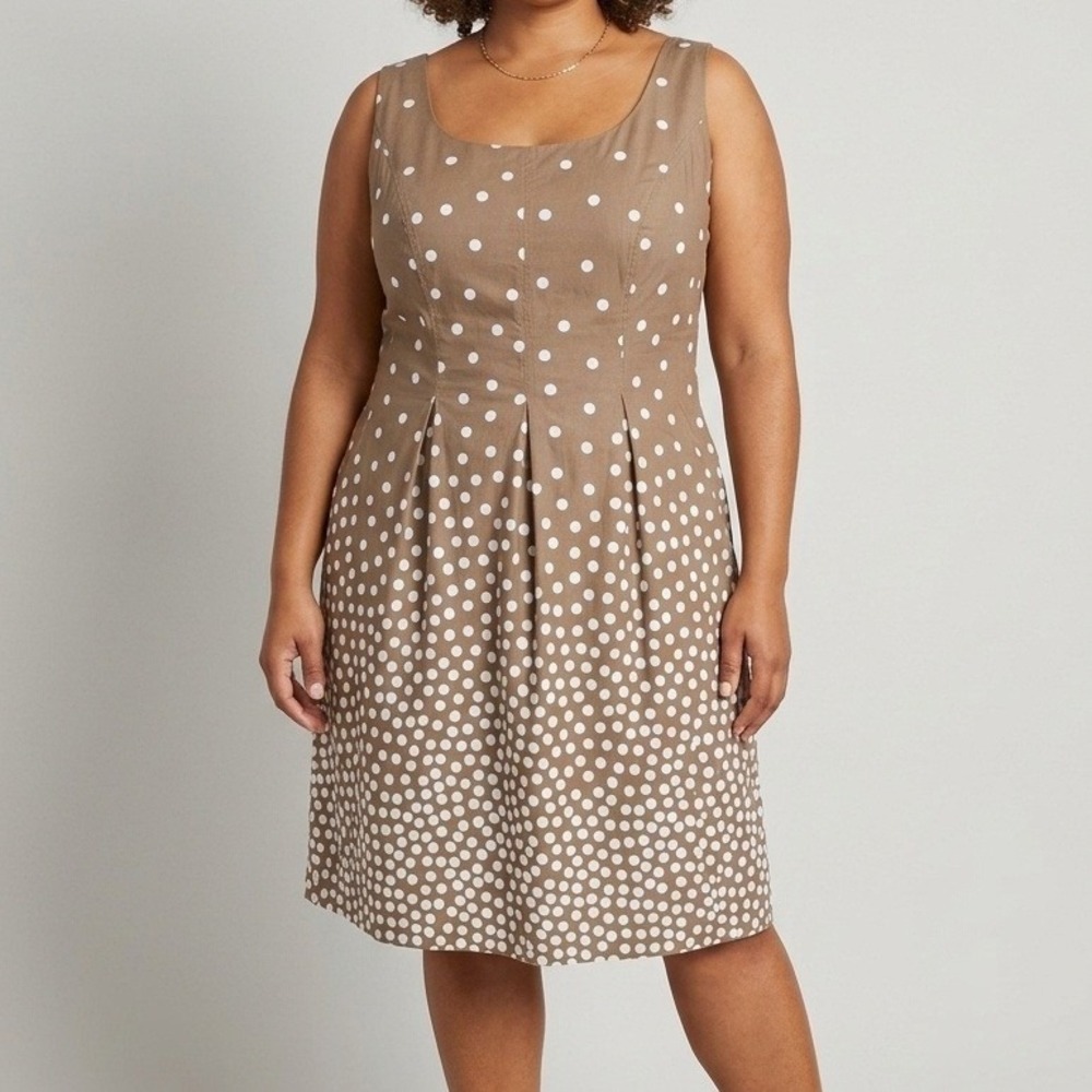 Nine West Polka Dot Dress Women 18W Brown White Fit Flare Sleeveless Summer Chic